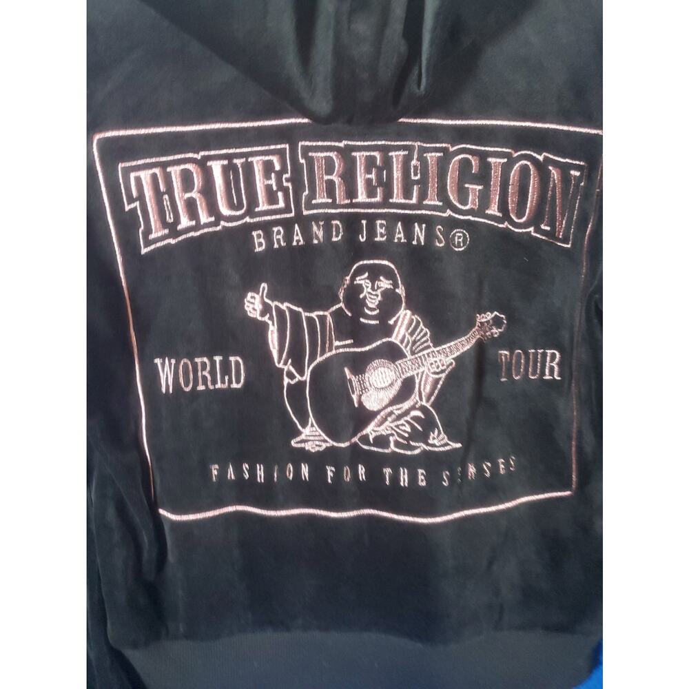 True Religion Womens Velour Zip Up Hoodie Black Pink Crystal Buddha Shrunken XS - Picture 6 of 16
